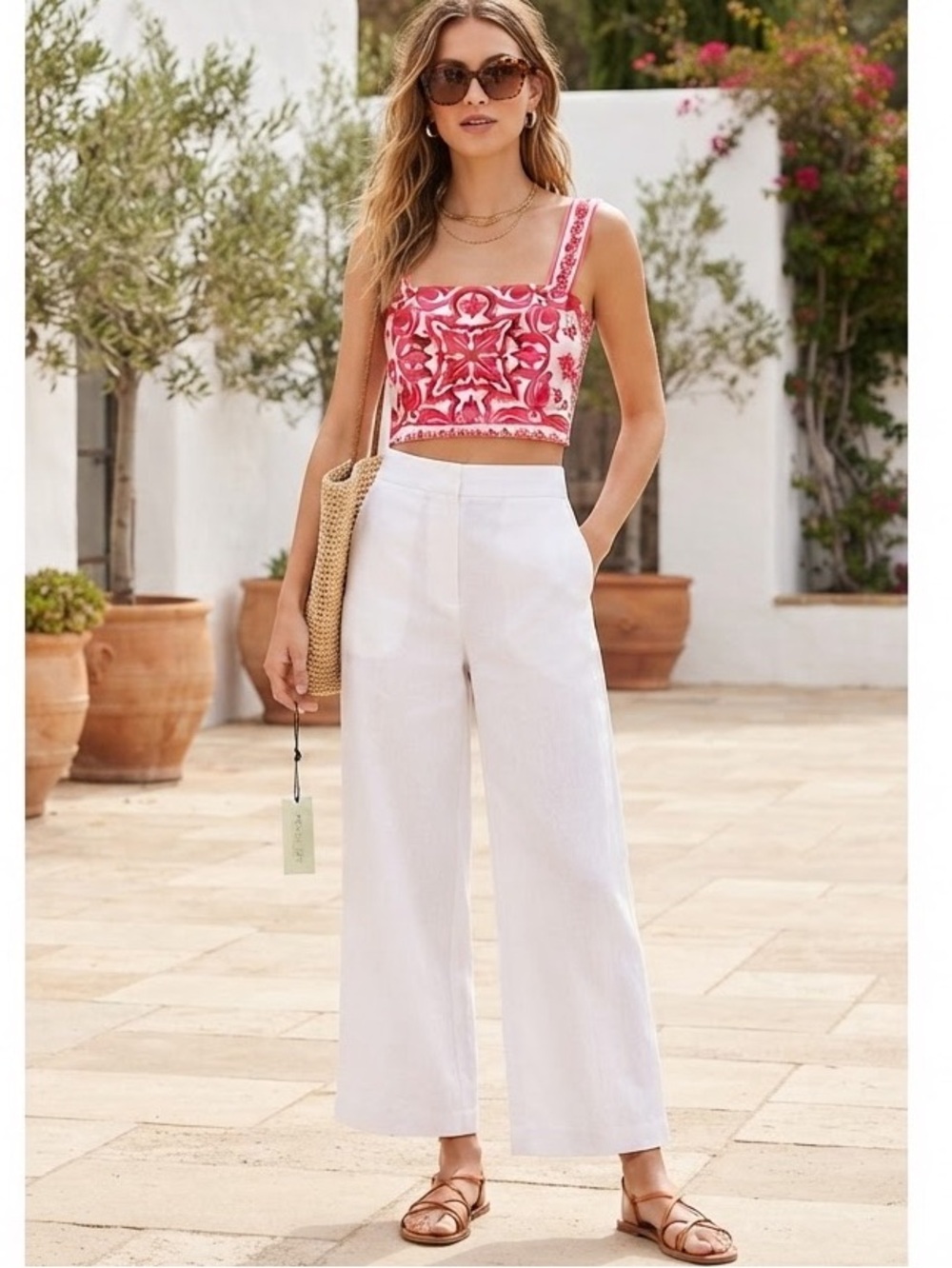 NWT Rachel Zoe Red Pink Scarf Print Crop Top Square Neck Smocked Back Small